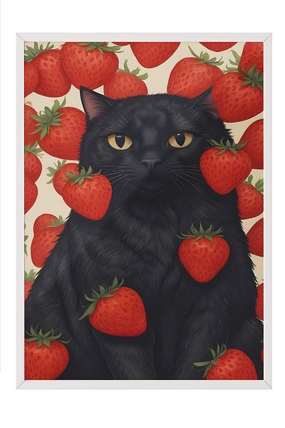 Postifull White Framed Painting, Strawberry Cat, Comfort Series Kitchen Wall Painting, No:109108