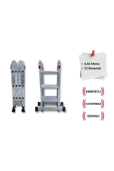 Endokon 3,46 Metre - 12 Basamaklı Katlanır Akrobat Merdiven - Büyük Menteşe - Kalın Profil
