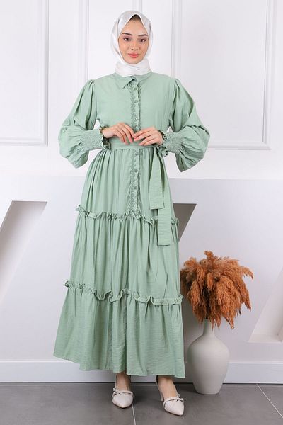 İmajButik Φόρεμα με κέντημα μέντας μπροστά με ζώνη