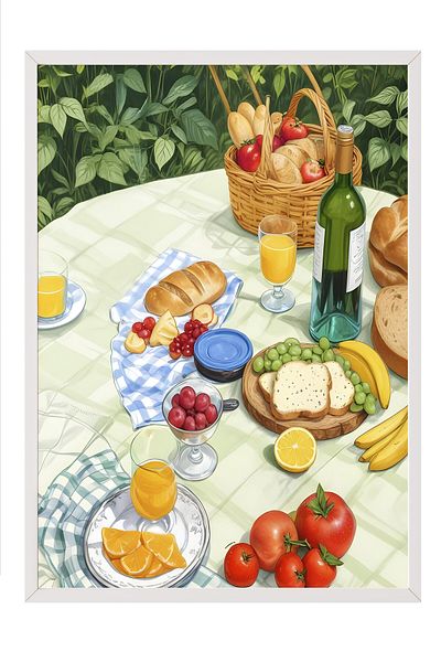 Postifull White Framed Painting, Picnic Time, Comfort Series Kitchen Wall Painting, No:109106