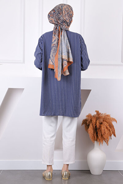 İmajButik Μπλε ναυτικό ριγέ χιτώνα με πέτρες στο μπροστινό μέρος