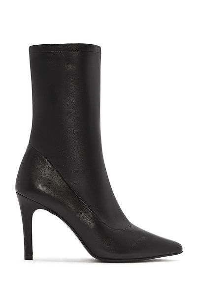 Derimod Women's Black Zipper Thin Heeled Leather Boots 24Wfd 143018