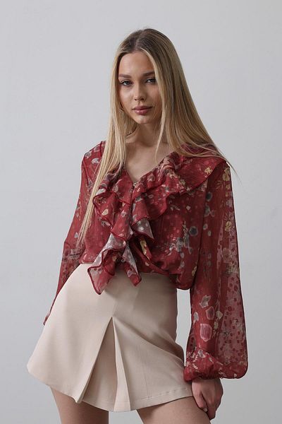 Le Savu Bluză din șifon pentru femei Shılsee, cu volan, cu imprimeu floral, în interiorul roșu claret