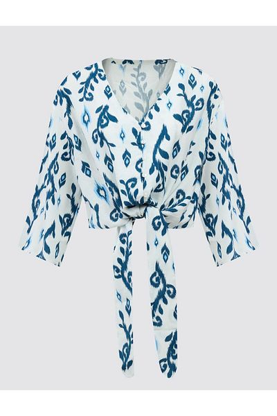 Jimmy Key Green V-Neck Three Quarter Sleeve Patterned Crop Linen Shirt