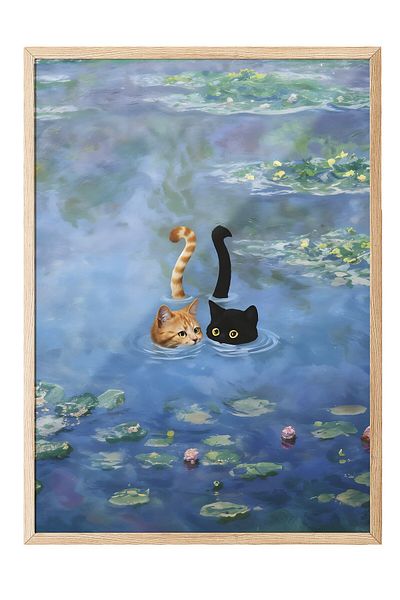 Postifull Ζωγραφική με ξύλινο πλαίσιο, Cat Print Monet Waterlily - 3, Ξύλινη ζωγραφική κουζίνας Comfort Series, NO:108968