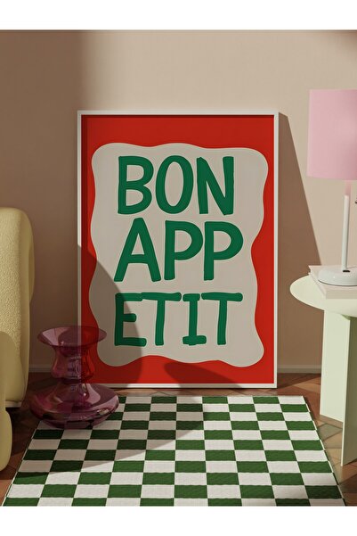 Postifull Beyaz Çerçeveli Tablo, Bon Appetit, Comfort Serisi Mutfak Duvar Tablosu, NO:109069