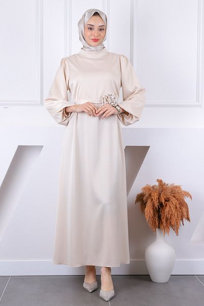 İmajButik Βραδινό φόρεμα με μπεζ ροζ ζώνη με λεπτομέρεια με μανίκια από σατέν