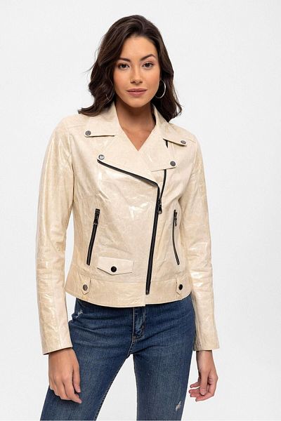 Deriderim Beige Merlot Snap Detailed Side Zipper Biker Biker Genuine Leather Women's Coat
