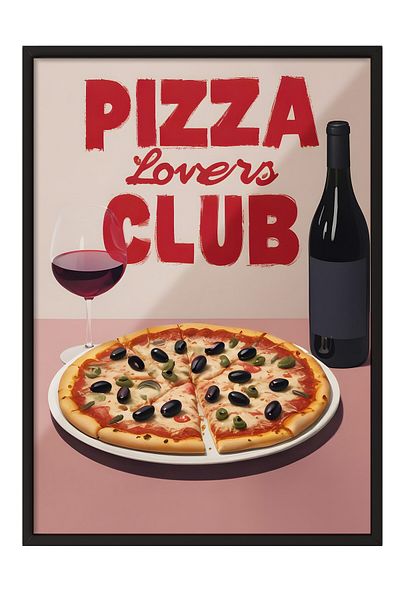Postifull Pictură cu cadru negru, Pizza Lovers Club, Pictură de perete pentru bucătărie din seria Comfort, NR: 109072