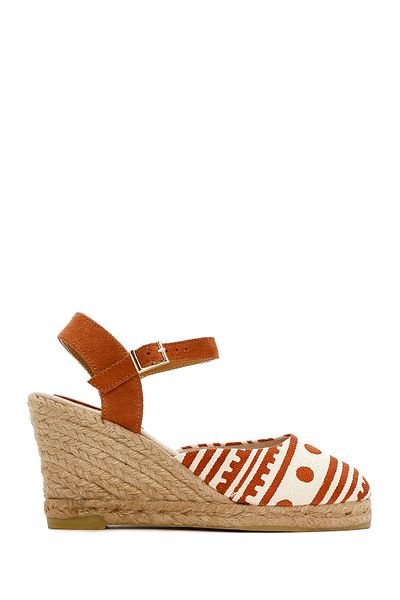 Derimod Kastamonu Stone Print Women's Tan Patterned Wedge Heeled Espadrille Sandals 25Sfd20846F