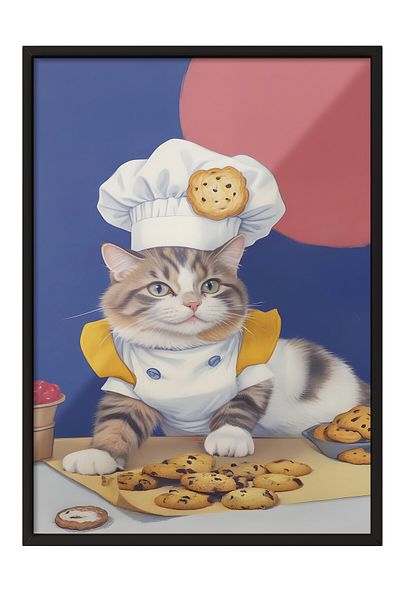 Postifull Tablou cu cadru negru, The Chef Cat of Cookies, Tablou de perete pentru bucătărie din seria Comfort, NR: 109104