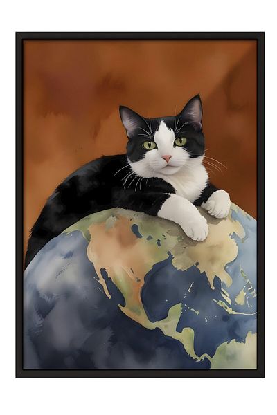Postifull Tablou cu cadru negru, Black Cat on World, Tablou de perete pentru bucătărie din seria Comfort, NR:108964
