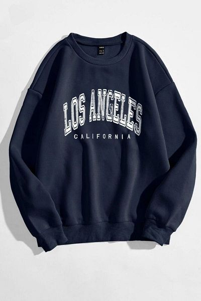 DUBU BUTİK Los Angeles Text Design Sweatshirt - Navy Blue Printed Oversize Thick Winter Crew Neck