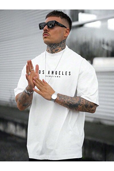 DUBU BUTİK Μπλουζάκι με μονό τζέρσεϊ Los Angeles Downtown - Μπλουζάκι με κοντό μανίκι με λευκό εμπριμέ υπερμεγέθη λαιμόκοψη