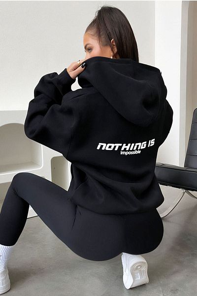 DUBU BUTİK Nothing Is Impossible Cardigan - Μαύρη στάμπα Oversize Hoodie
