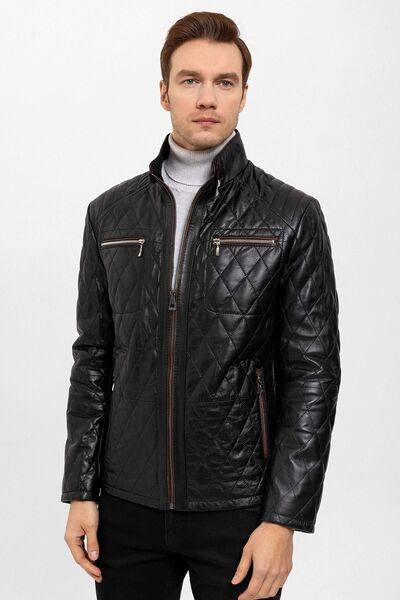 Deriderim Siyah Mateo Erkek Kapitone Dikişli Hakiki Deri Kaban