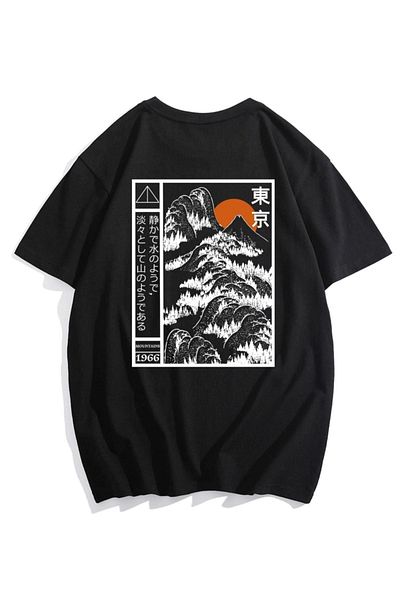 VBSVİBES Men's Black Oversize Mountain Japan Printed T-shirt