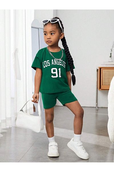 DUBU BUTİK Los Angeles 91 Printed - Nefti Green Children's Shorts and T-shirt Set, Crew Neck