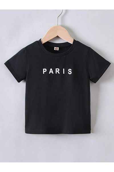 DUBU BUTİK Dětské bavlněné tričko Paris Written - Dívčí letní chlapecké tričko s černým potiskem