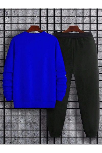 DUBU BUTİK Σετ χειμερινής φόρμας Freedom Limitless - Sax Blue Black Printed Oversize Raster Crew Neck