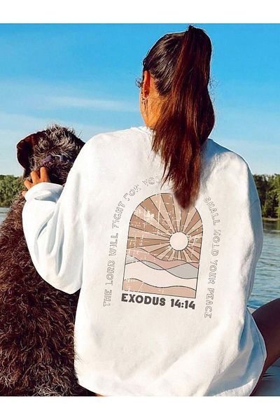 DUBU BUTİK Exodus 14:14 Winter Thick Sweatshirt - White Printed Oversize Thick Winter Crew Neck