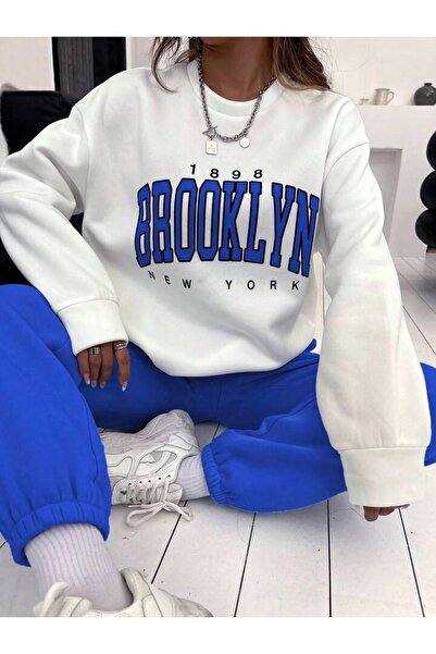 CLAYES Brooklyn Tracksuit Set White Sweatshirt Sax Blue Jogger - Printed Oversize Hooded Crew Neck