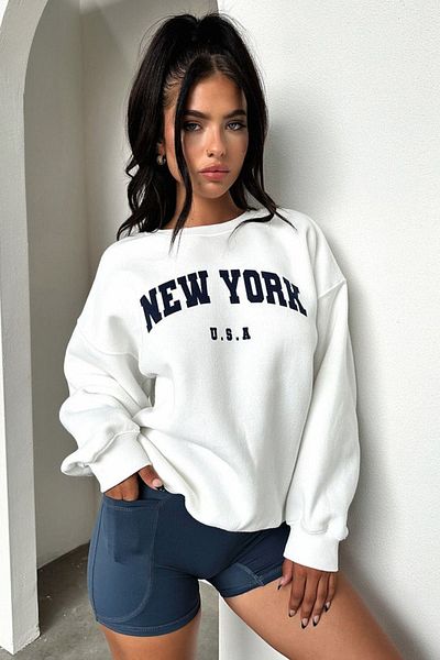 DUBU BUTİK New York U.S.A Printed White Oversize φούτερ - Crew Neck