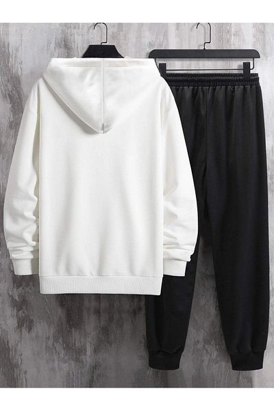 DUBU BUTİK Σετ φόρμας Vip Λευκό φούτερ Μαύρο Jogger - Printed Oversize Raised Hooded
