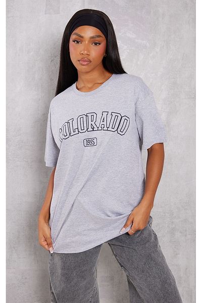 DUBU BUTİK 1995 Model Colorado Single Jersey Tricou supradimensionat gri - Gât crew, mânecă scurtă