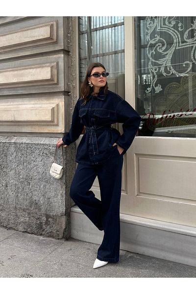 VESS MODA Women's Innovation Navy Blue Jacket and Denim Suit Pants