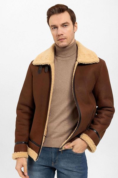 Deriderim Tan Pilot Wool Genuine Leather Men's Coat