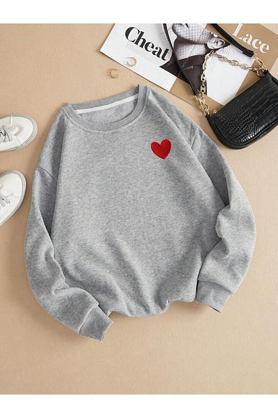 DUBU BUTİK Κόκκινο φούτερ Minimal Heart - Γκρι εμπριμέ χοντρό χειμερινό λαιμόκοψη