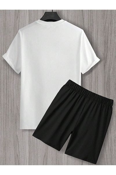 DUBU BUTİK Art T-Shirt Shorts - White Black Shorts T-Shirt Set Printed Oversize Crew Neck