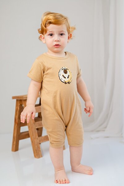 Mininio Beigefarbener Overall für Babys mit Schaf-Stickerei und gefalteten Ärmeln (3–24 Monate)