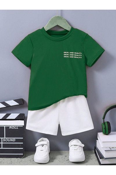 DUBU BUTİK Children's Cotton Set with Green T-shirt and White Shorts - Crew Neck
