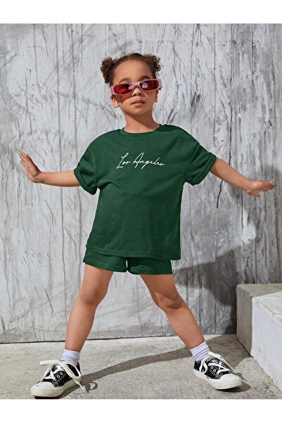 DUBU BUTİK Los Angeles Printed - Nefti Green Children's Summer Set: Shorts and T-shirt Set, for Boys and Girls