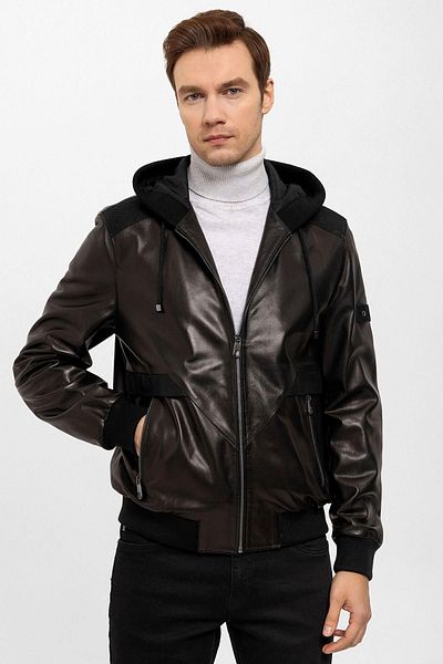 Deriderim Black Dexter Hooded Zippered Lined Men's Genuine Leather Coat