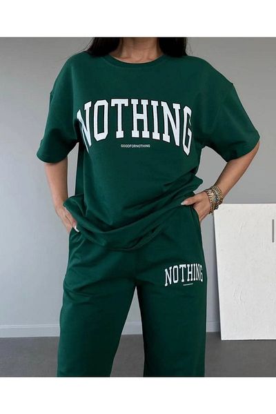 CLAYES Nothing T-shirt Sweatpants Jogger- Πράσινη στάμπα στο κάτω μέρος Κορυφή αθλητική φόρμα Oversize Crew Neck