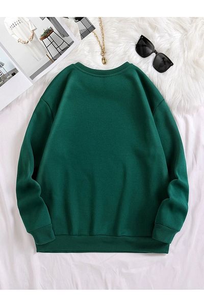 DUBU BUTİK Φούτερ με σχέδιο καρδιάς πεταλούδας - Nefti Green Printed Oversize Χοντρό χειμερινό λαιμόκοψη