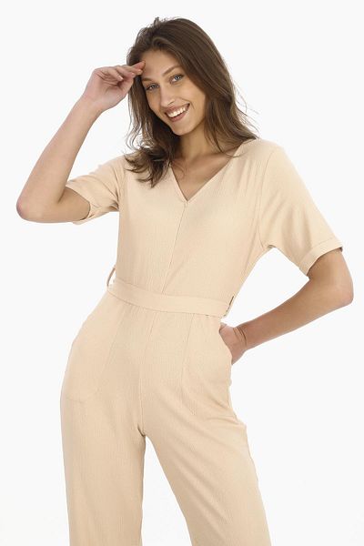 penyebizden Women's Crepe Waist Belted and Zippered Jumpsuit-Beige