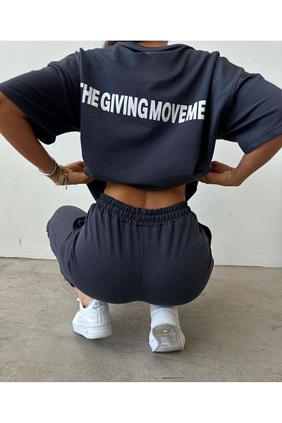 CLAYES Movement T-shirt Sweatpants Jogger- Blue Printed Bottom Top Sweat Suit Oversize Crew Neck