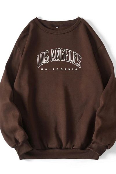 DUBU BUTİK Φούτερ Los Angeles Text Design - Καφέ στάμπα, χοντρή χειμερινή λαιμόκοψη