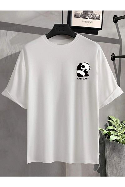 VBSVİBES Unisex White Oversize Panda Am I Cute; Πλεκτό μπλουζάκι με στάμπα