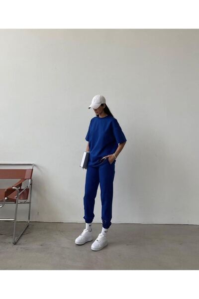 DUBU BUTİK Movement T-shirt Sweatpants Jogger- Σετ φόρμας με στάμπα στο κάτω μέρος Oversize Crew Neck