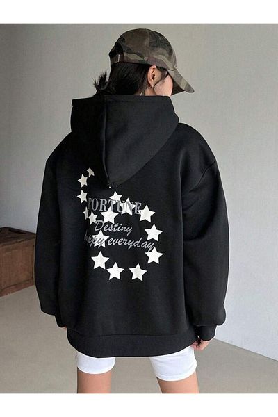 DUBU BUTİK Fortune Stars Sweatshirt - Black Printed Oversize Thick Winter Hoodie
