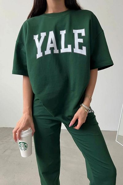 CLAYES Σετ μπλουζάκι και φούτερ Yale Green Printed - Oversize Crew Neck