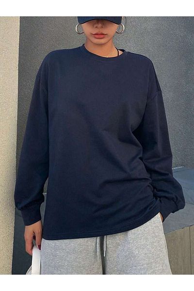 DUBU BUTİK Coolness Breeze Oversize Sweatshirt - Navy Blue Printed, Thick Winter, Crew Neck