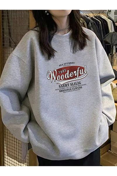 DUBU BUTİK سويت شيرت شتوي سميك من Wooderful 1985 - رمادي مطبوع كبير الحجم برقبة دائرية شتوية