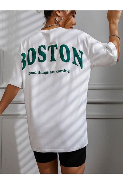 VBSVİBES Women's White Oversized Boston Printed Knitted T-shirt