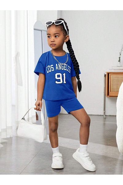 DUBU BUTİK Los Angeles 91 Printed - Saks Blue Children's Shorts and T-shirt Set, Crew Neck